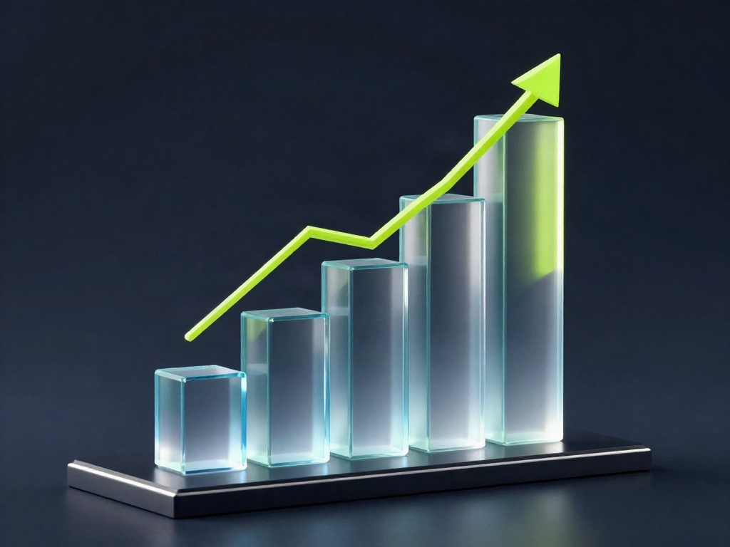 Ascending glass pillars with a lime path, a sculptural visualization of strategic progress
