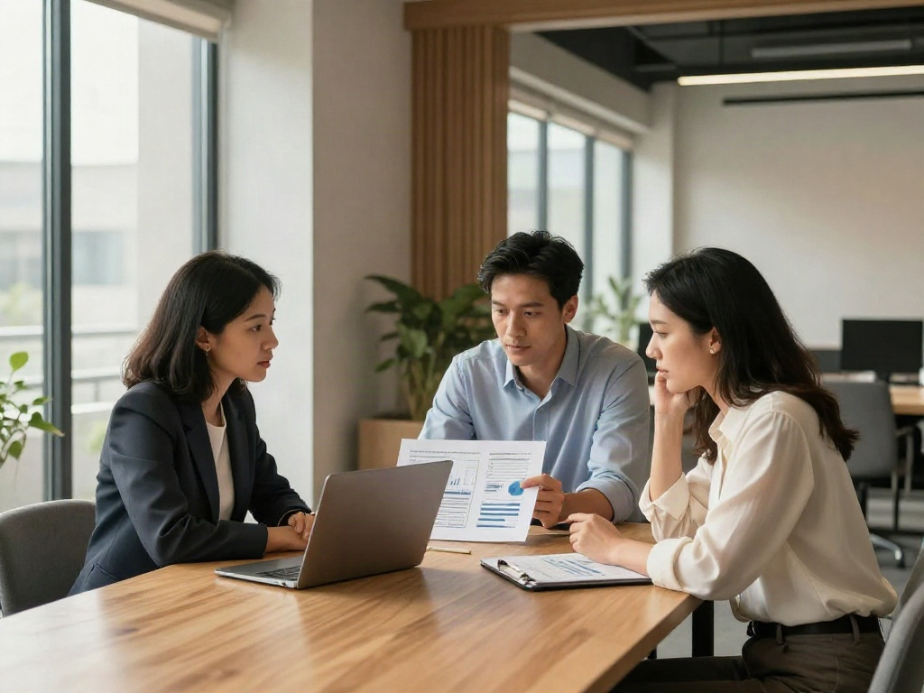 Consulting colleagues reviewing analytics and discussing strategic priorities around a table